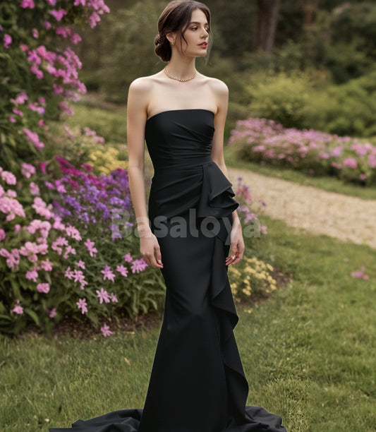 SP0263 Simple Black Tube Top Bodycon Pleated Prom Formal Gown with Train
