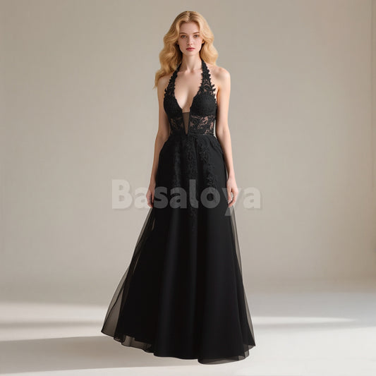 SP0266 Gorgeous Black Halter V-Neck A-Line Long Prom Dress with Appliques