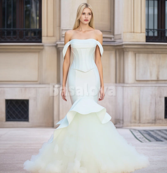 SP0267 Luxury White Off Shoulder Mermaid Prom Dress with Pleated Train