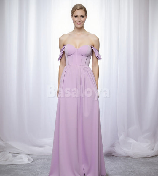 SP0268 Graceful Light Purple Off-Shoulder A-Line Pleats Prom Dress with Slit