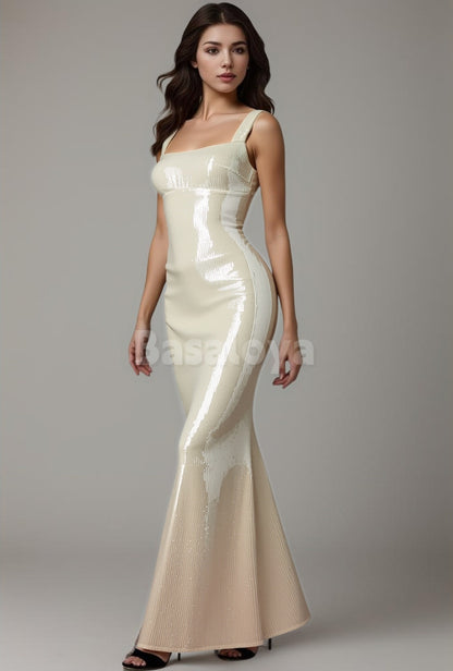 SP0271 Sparkly Beige Square Neck Mermaid Sequin Prom Dress Party Gown
