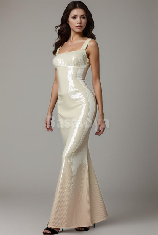 SP0271 Sparkly Beige Square Neck Mermaid Sequin Prom Dress Party Gown