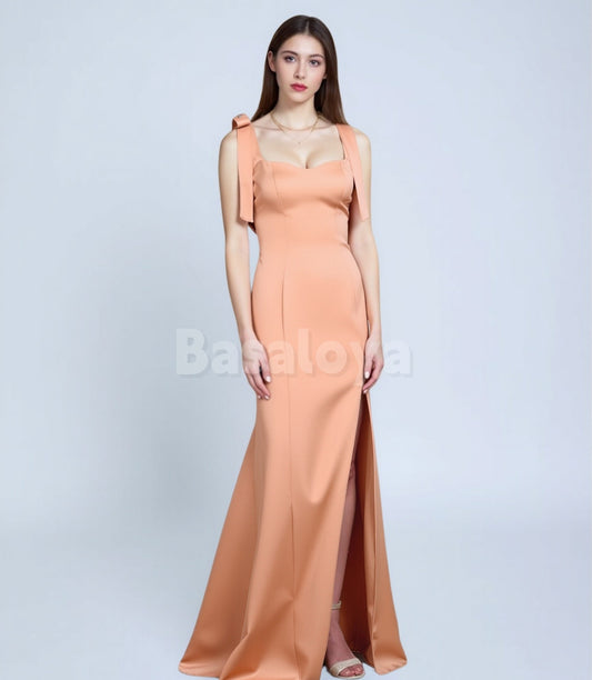 SP0274 Classic Pink Sweetheart Mermaid Side Slit Satin Prom Dress with Bows