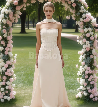 SP0275 Graceful Beige Strapless Sheath Long Satin Prom Formal Gowns