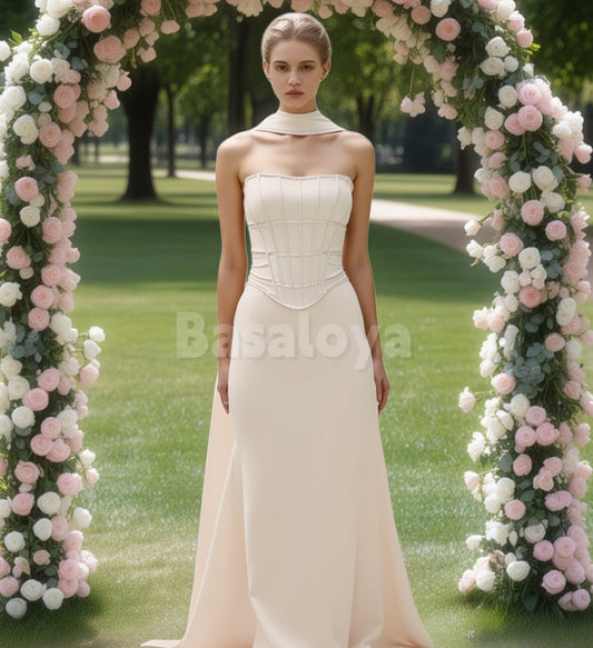 SP0275 Graceful Beige Strapless Sheath Long Satin Prom Formal Gowns