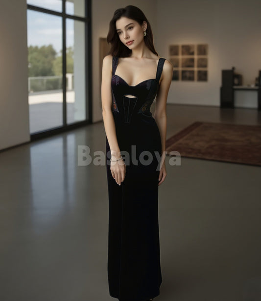 SP0277 Elegant Black Sweetheart Straps Sheath Prom Formal Gown with Slit
