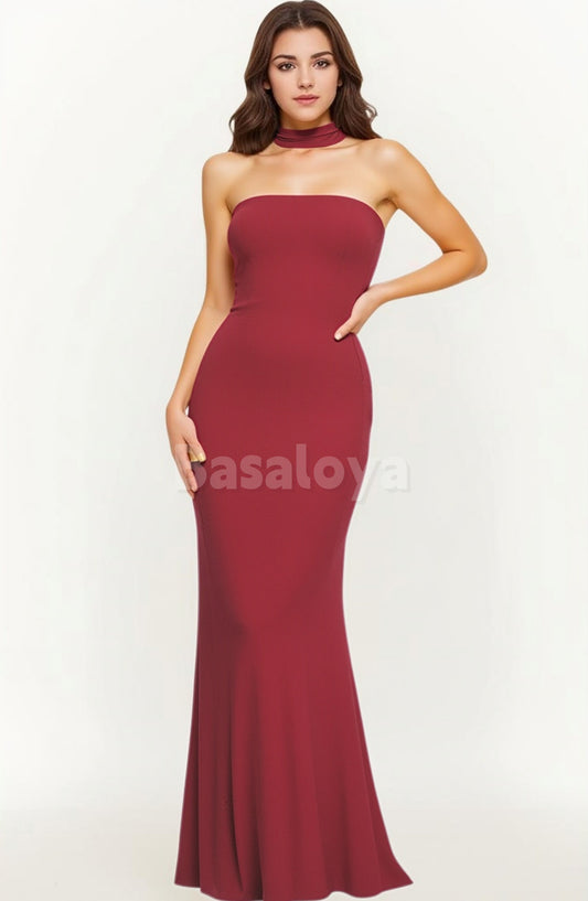 SP0278 Graceful Red Strapless Sheath Long Prom Party Dress with Scarf
