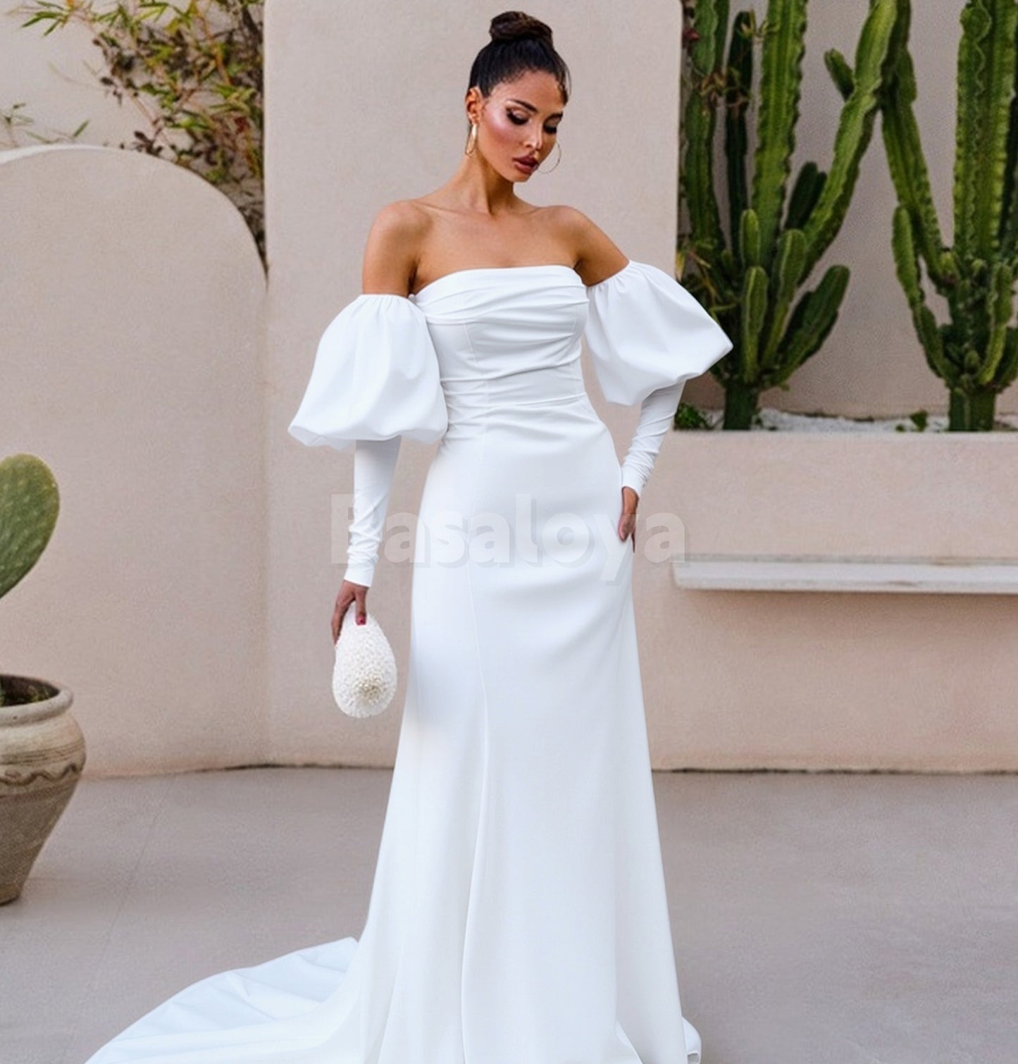 WD0141 Elegant White Long Sleeves Strapless Sheath Wedding Dress with Train