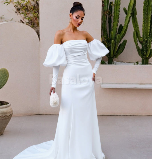 WD0141 Elegant White Long Sleeves Strapless Sheath Wedding Dress with Train