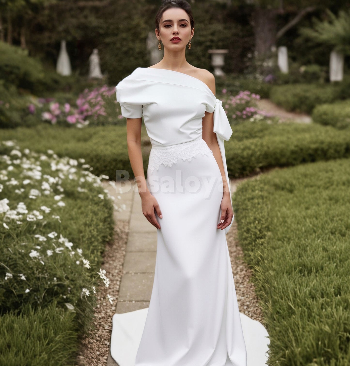 WD0142 Graceful White Asymmetrical Neck Mermaid Wedding Dress with Bow