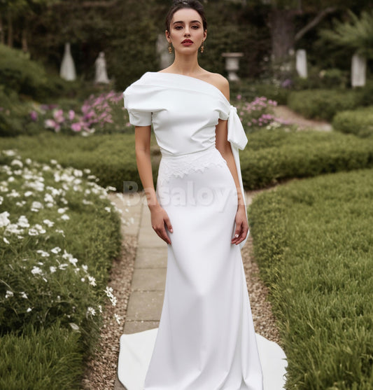 WD0142 Graceful White Asymmetrical Neck Mermaid Wedding Dress with Bow