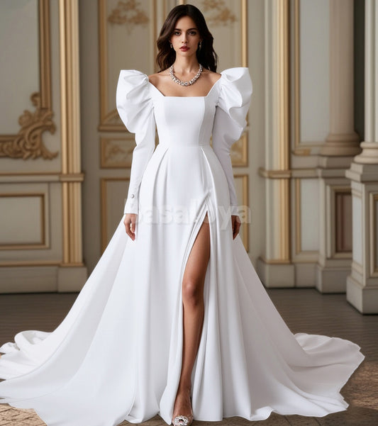 WD0143 Gorgeous White Square Neck Long Sleeves A-Line Wedding Dress