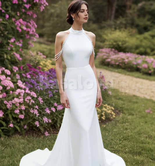 WD0144 Luxury White Halter Neck Mermaid Tassels Wedding Dress with Train