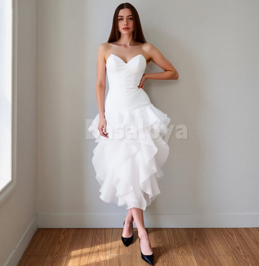 WD0146 Simple White Sweetheart Sheath Ruffles Midi Wedding Dress