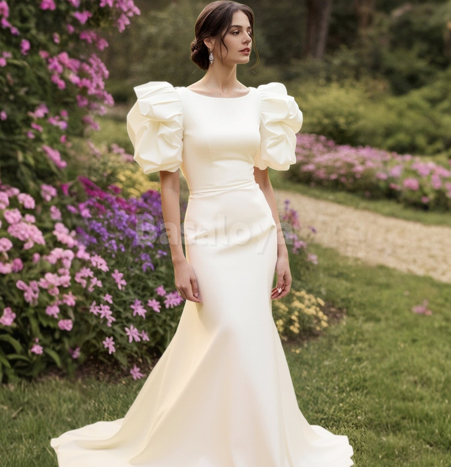 WD0147 Graceful White Scoop Neck Puff Sleeves Mermaid Wedding Gown