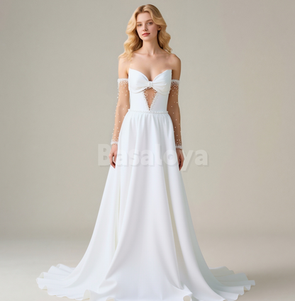 WD0148 Luxury White Pearls Long Sleeves Sweetheart A-Line Wedding Gown