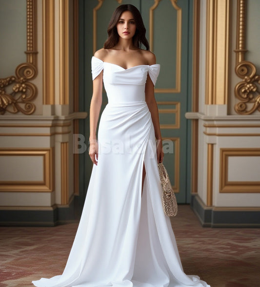 WD0149 Simple White Off-Shoulder Side Slit Sheath Wedding Dress with Train