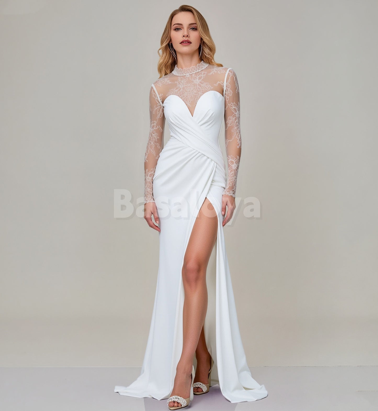 WD0150 Graceful High Neck Long Sleeves Sheath Pleats Wedding Gown with Slit