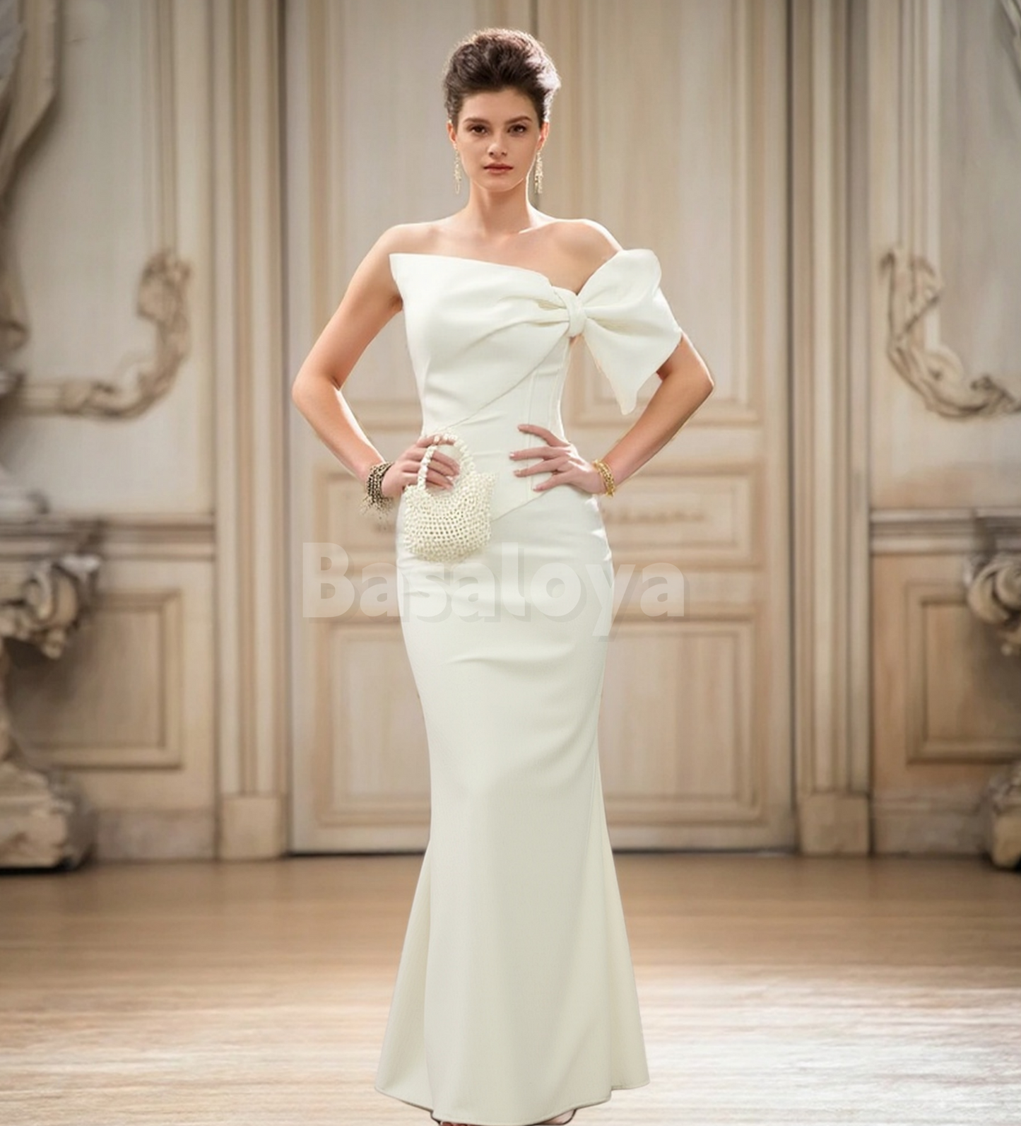 WD0139 Graceful White Strapless Bodycon Bow Wedding Dress Bridal Gown