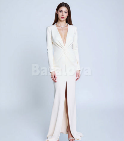 WD0151 Classic Deep V-Neck Long Sleeves Ruched Satin Wedding Dress