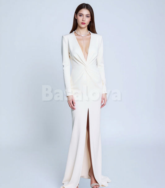 WD0151 Classic Deep V-Neck Long Sleeves Ruched Satin Wedding Dress