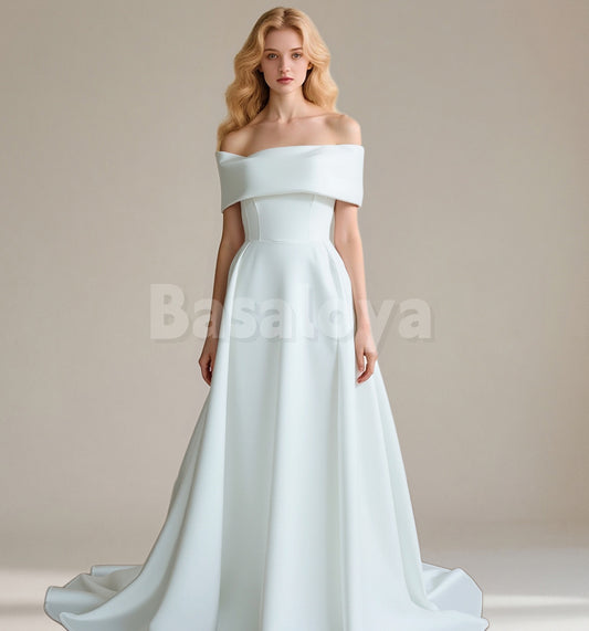 WD0152 Elegant White Off-Shoulder A-Line Pleated Satin Wedding Gowns