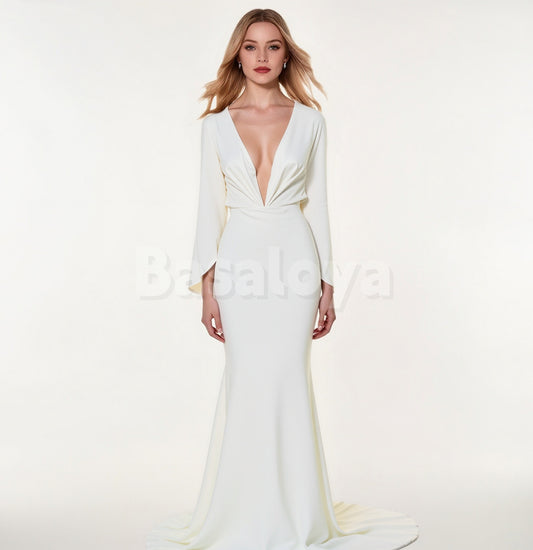 WD0154 Chic White V-Neck Cape Sleeve Mermaid Wedding Dress with Train