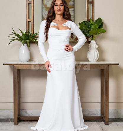 WD0157 Elegant White Long Sleeves Sheath Satin Wedding Dress Bridal Gown