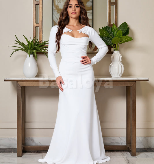 WD0157 Elegant White Long Sleeves Sheath Satin Wedding Dress Bridal Gown