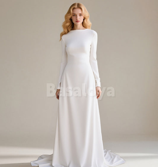 WD0161 Elegant White Long Sleeves A-Line Satin Wedding Dress with Train