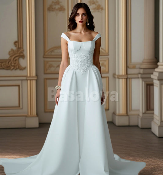 WD0162 Elegant White Off-Shoulder A-Line Applique Bridal Wedding Dress