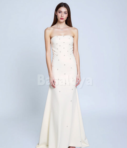 WD0163 Luxury Pearls White Tube Top Mermaid Satin Bridal Gown Wedding Dress
