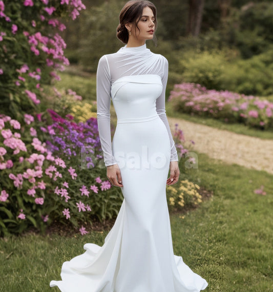 WD0165 Classic White Long Sleeves Mermaid Bridal Wedding Dress with Train