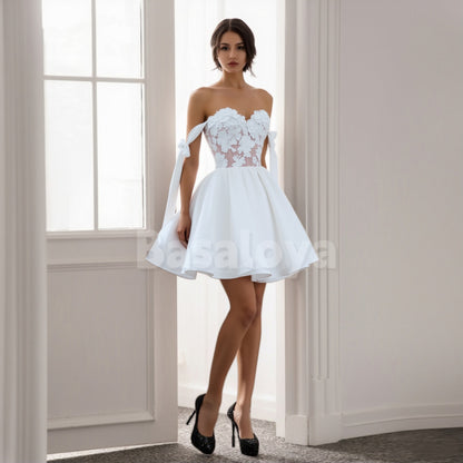 WD0167 Luxury 3D Floral White Off-Shoulder A-Line Short Boho Wedding Dress