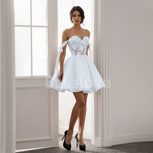 WD0167 Luxury 3D Floral White Off-Shoulder A-Line Short Boho Wedding Dress