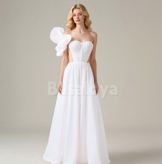 WD0170 Elegant White One Shoulder A-Line Long Wedding Dress with Pleats