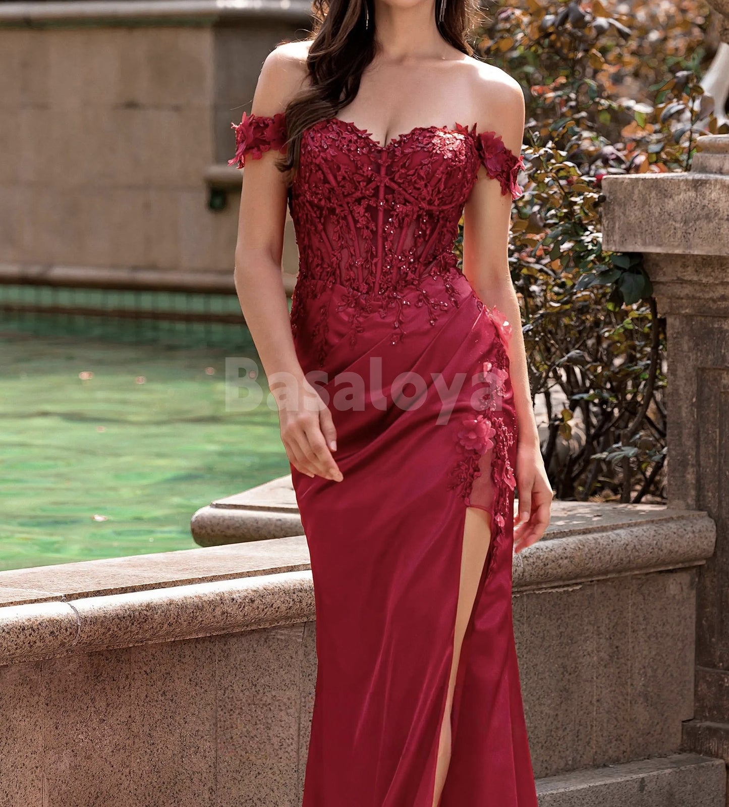 ED0118 Graceful Burgundy Off-Shoulder Sheath Evening Gown with Appliques