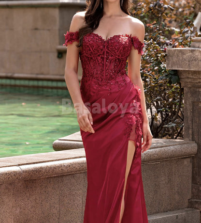 ED0118 Graceful Burgundy Off-Shoulder Sheath Evening Gown with Appliques