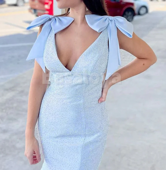 SP0180 Luxury Beaded Yellow V-Neck Mermaid Bow Evening Prom Dress with Train