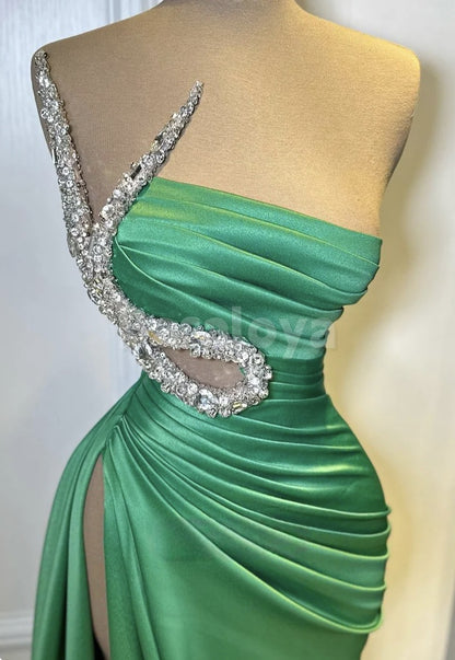 ED0098 Elegant Crystal Asymmetrical Neck Sheath Pleats Evening Gown with Slit