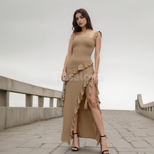 SP0065 Classic Camel Square Neck Sheath Ruffled Slit Maxi Prom Dress