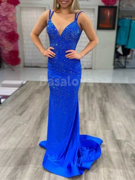 SP0147 Luxury Beaded Spaghetti Straps Mermaid Prom Party Gown with Train
