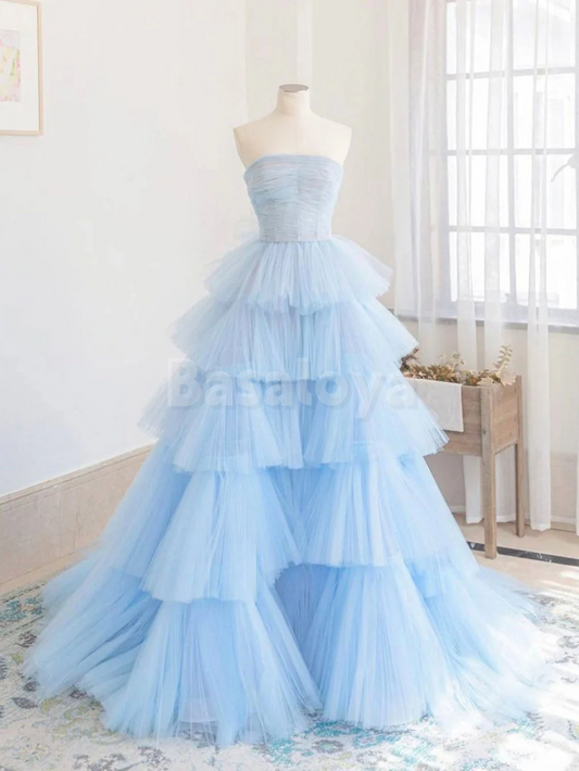 SP0158 Elegant Baby Blue Tube Top A-Line Tiered Ball Gown Prom Dress
