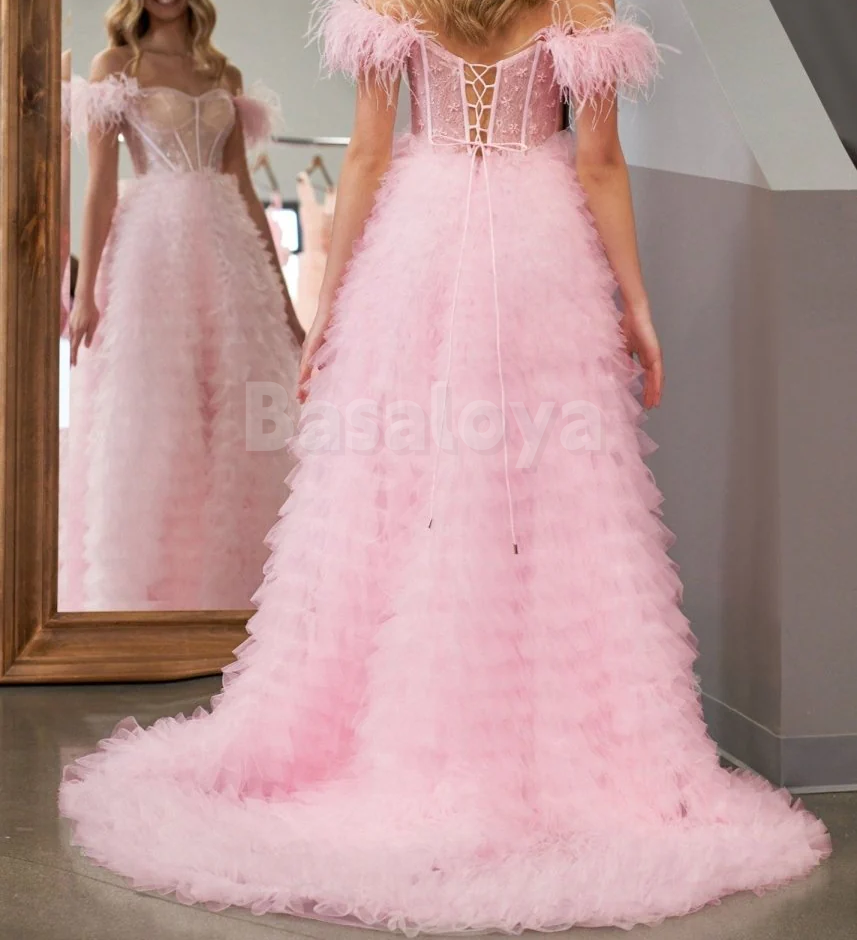 SP0167 Graceful Feathers Pink Off-Shoulder A-Line Tiered Prom Party Dress with Slit