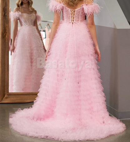 SP0167 Graceful Feathers Pink Off-Shoulder A-Line Tiered Prom Party Dress with Slit