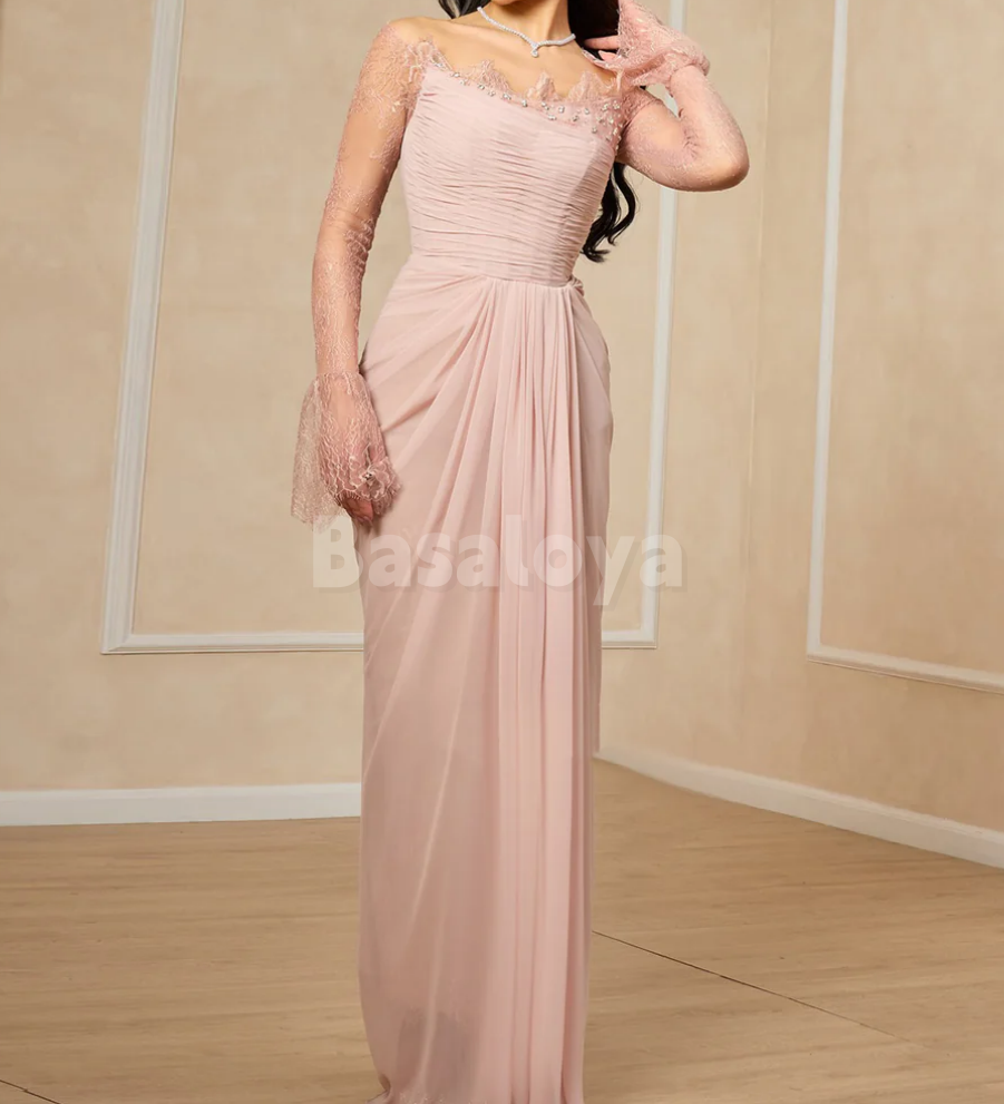 SP0285 Graceful Beaded Pink Long Sleeves Strapless Draped Prom Dress with Applique