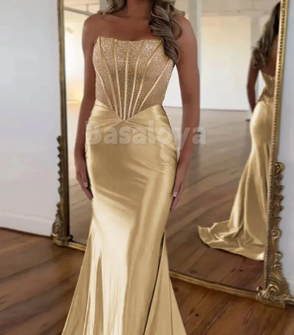 SP0171 Elegant Lilac Tube Top Bodycon Beaded Prom Party Dress with Train