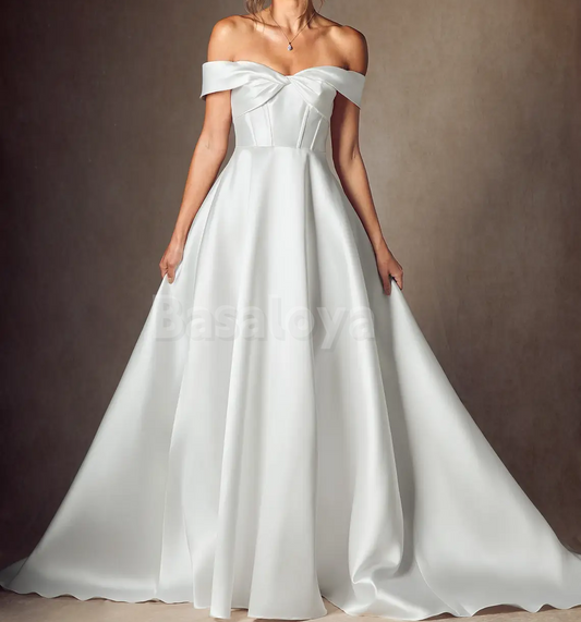 WD0097 Graceful White A-Line Off-Shoulder Bridal Wedding Gown with Train
