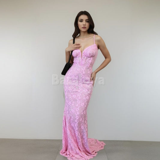 ED0027 Luxury Pink Sweetheart Mermaid Beaded Lace Evening Gown with Train