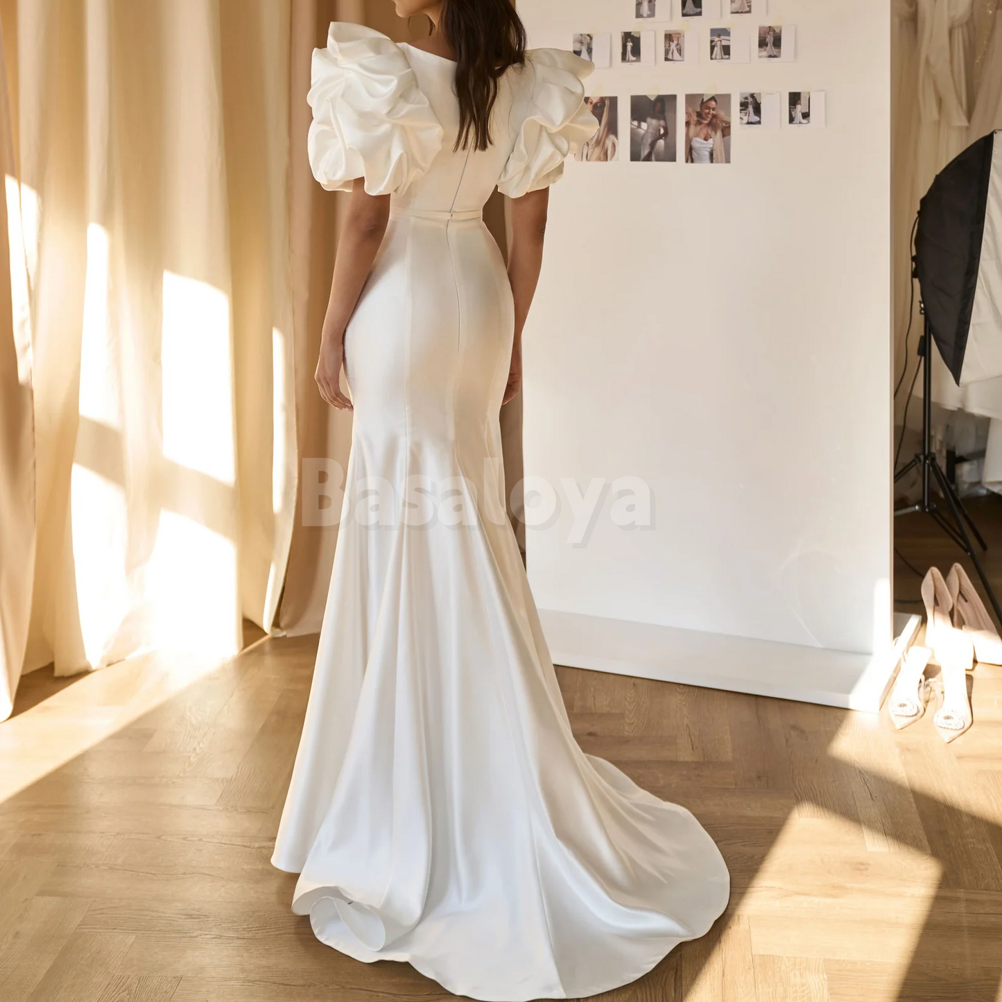 WD0147 Graceful White Scoop Neck Puff Sleeves Mermaid Wedding Gown